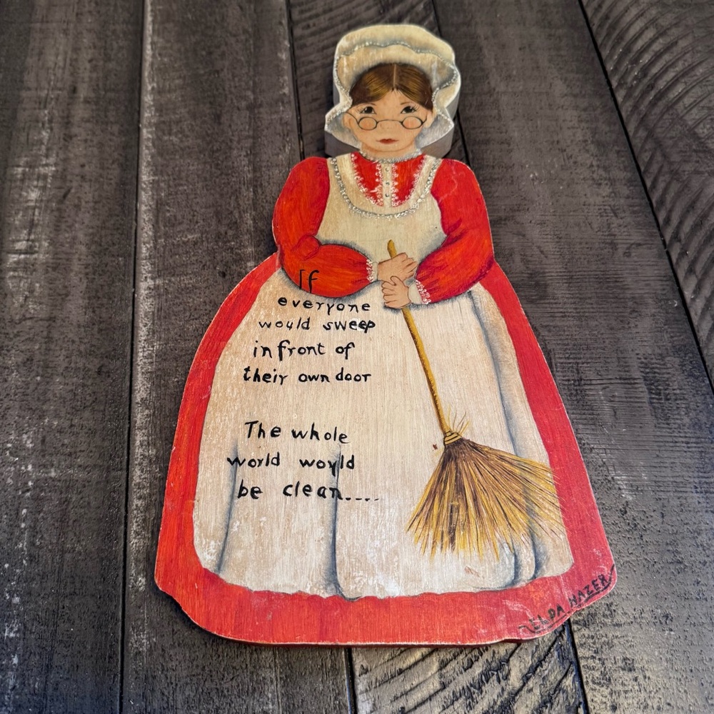 Vintage Hand Painted Folk Art Wooden Plaque‎ Sign Woman with Broom Kitchen Decor